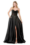 Cargar imagen en el visor de la galería, LAHL2861L Wholesale Long Satin Corset Prom Dress with Beaded Sheer Bodice Pockets &amp; Lace-Up Back - BLACK - Long Formal Dress LAH