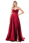 Cargar imagen en el visor de la galería, LAHL2861L Wholesale Long Satin Corset Prom Dress with Beaded Sheer Bodice Pockets &amp; Lace-Up Back - BURGUNDY - Long Formal Dress LAH