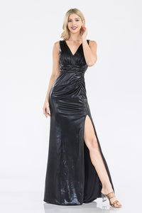 LA Merchandise LAF5322 Ruched V-Neck Sleeveless High Slit Evening Gown