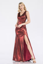 Load image into Gallery viewer, LA Merchandise LAF5322 Ruched V-Neck Sleeveless High Slit Evening Gown