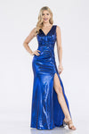 Load image into Gallery viewer, LA Merchandise LAF5322 Ruched V-Neck Sleeveless High Slit Evening Gown - ROYAL BLUE - Dress LAF