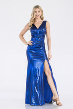 Load image into Gallery viewer, LA Merchandise LAF5322 Ruched V-Neck Sleeveless High Slit Evening Gown