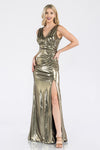 Load image into Gallery viewer, LA Merchandise LAF5322 Ruched V-Neck Sleeveless High Slit Evening Gown - GOLD - Dress LAF
