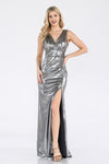 Load image into Gallery viewer, LA Merchandise LAF5322 Ruched V-Neck Sleeveless High Slit Evening Gown - SILVER - Dress LAF