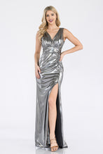 Load image into Gallery viewer, LA Merchandise LAF5322 Ruched V-Neck Sleeveless High Slit Evening Gown