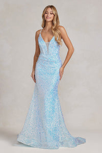 V- neckline Sequined Long Dress - LAXC1094 - BLUE - LA Merchandise