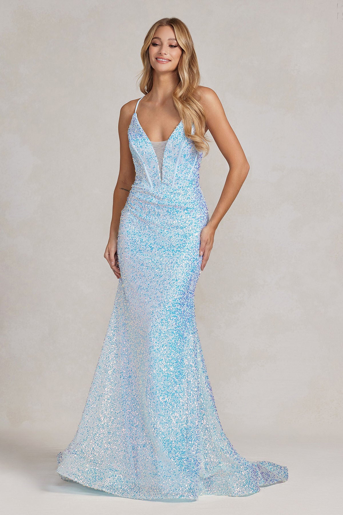 V- neckline Sequined Long Dress - LAXC1094 - BLUE - LA Merchandise