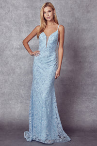 La Merchandise LAT272 Long Spaghetti Strap Prom Embroidered Lace Dress - BABY BLUE - LA Merchandise