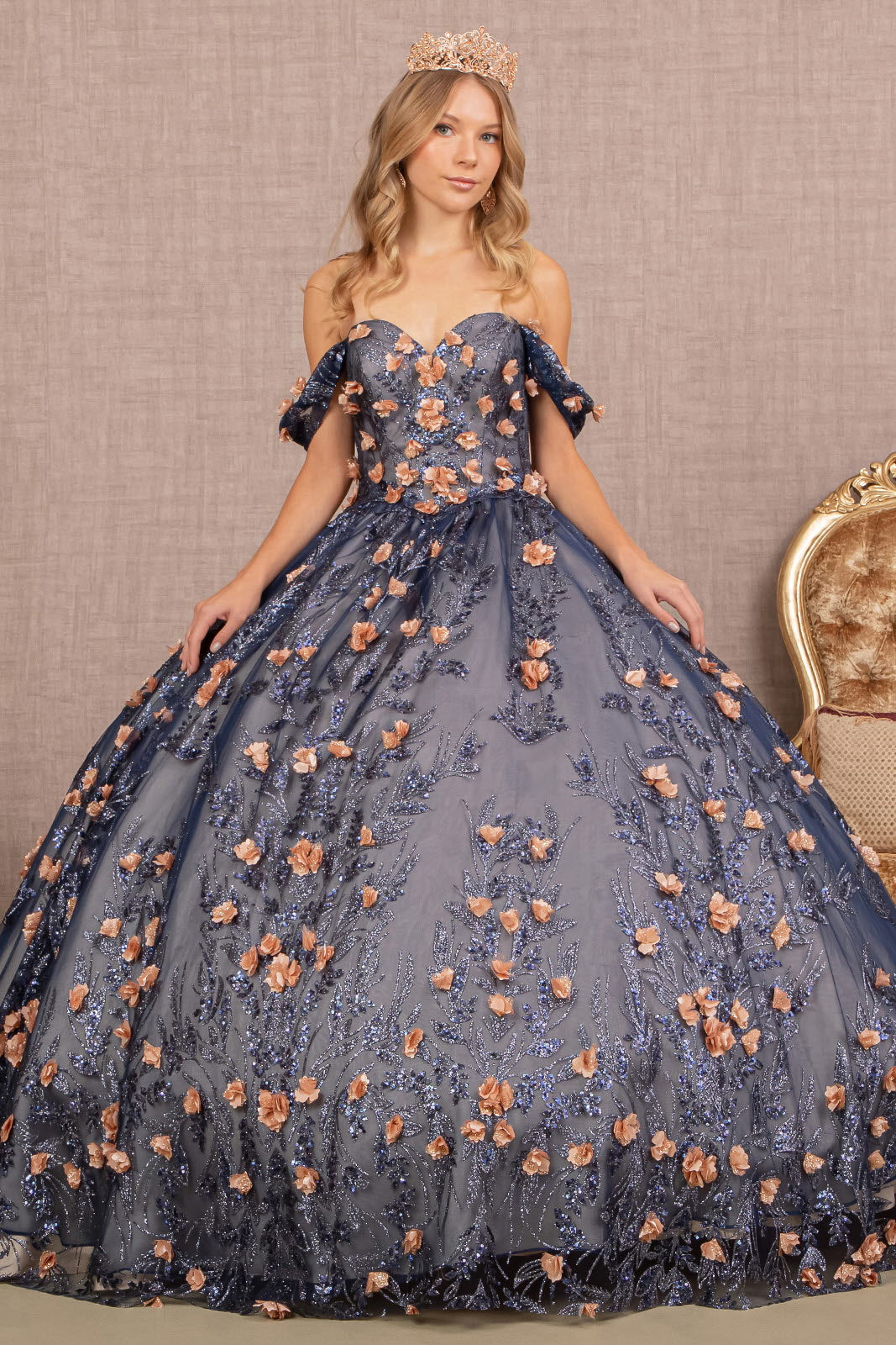 LA Merchandise LAS3106 Glitter Off Shoulder Floral Quince Gown