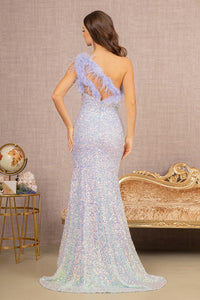 LA Merchandise LAS3165 Sequin Asymmetric Feather Evening Gown