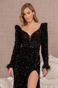 LA Merchandise LAS3122 Long Sleeves Feathers Velvet Gown