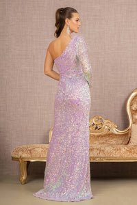 LA Merchandise LAS3128 One Shoulder Asymmetric Feather Sequin Formal Dress