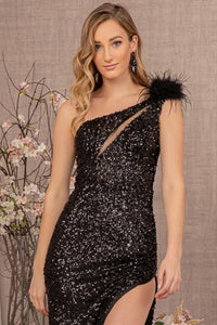 LA Merchandise LAS3129 Asymmetric Feathers Prom Sequined Dress
