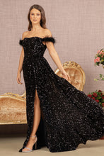 Load image into Gallery viewer, LA Merchandise LAS3163 Off Shoulder Sequin Formal Dress with Feathers