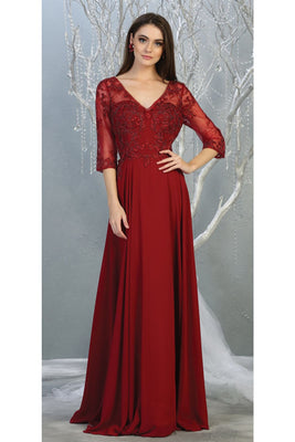 La Merchandise LA7820 3/4 Sleeve V-Neck Mother of Bride Evening Gown - BURGUNDY - LA Merchandise