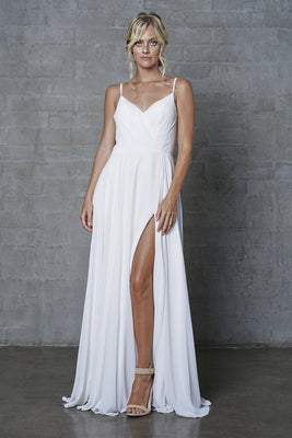 La Merchandise LAA477B White Simple Chiffon Wedding Dress with Slit - White - LA Merchandise