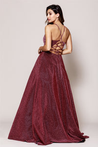 Shiny Open Back Long Gown With Side Pockets - LAA595