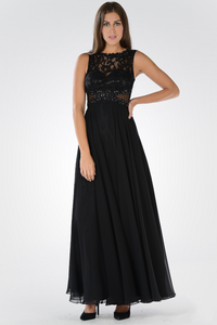 La Merchandise LAY7868 Classy Chiffon & Lace Long Evening Dress - BLACK - LA Merchandise