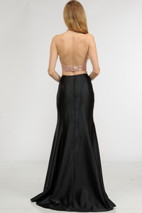 La Merchandise LAY8294 Halter Sequin Top & Satin Skirt Prom Dress Set