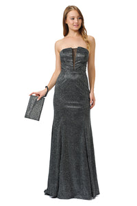 La Merchandise LAY8490 Metallic Strapless Prom Formal Evening Gown - BLACK/SILVER - LA Merchandise