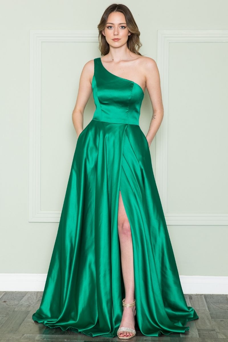La Merchandise LAY8912 Chic One Shoulder Long A-line Satin Prom Dress - EMERALD GREEN - LA Merchandise
