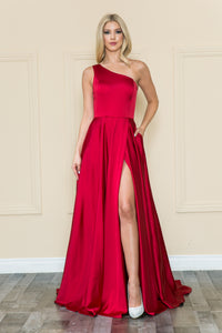 La Merchandise LAY8912 Chic One Shoulder Long A-line Satin Prom Dress - RED - LA Merchandise