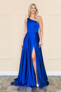 La Merchandise LAY8912 Chic One Shoulder Long A-line Satin Prom Dress - ROYAL BLUE - LA Merchandise