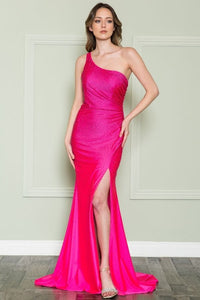 La Merchandise LAY8914 Sexy Stretchy One Shoulder Prom Dress w/ Slit - HOT PINK - LA Merchandise