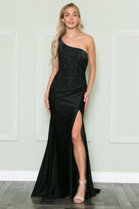 La Merchandise LAY8914 Sexy Stretchy One Shoulder Prom Dress w/ Slit - BLACK - LA Merchandise
