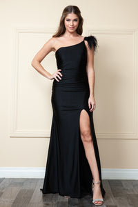 La Merchandise LAY9068 Removable Feather One Shoulder Formal Prom Gown - BLACK - LA Merchandise