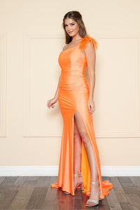 La Merchandise LAY9068 Removable Feather One Shoulder Formal Prom Gown - ORANGE - LA Merchandise