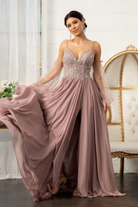 La Merchandise LAS3005 A-Line Chiffon Dress with Removable Sleeves - - Dresses LA Merchandise