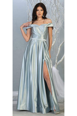 La Merchandise LA1781 A-line Off the Shoulder Metallic Evening Gown - DUSTY BLUE - LA Merchandise