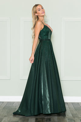 La Merchandise LAY8886 Spaghetti Straps A-line Glitter Prom Dress - EMERALD GREEN - LA Merchandise