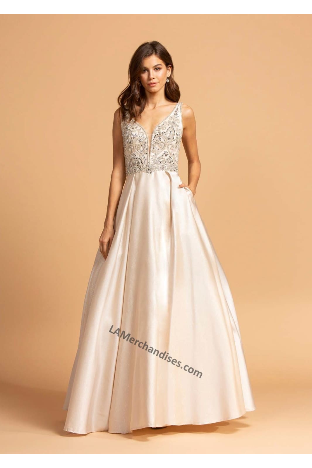 A-line Satin Dress With Side Pockets- LAEL2261 - CHAMPAGNE - LA Merchandise