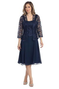 A chiffon quarter sleeve lace short mother of bride dress- SF8485 - Navy - LA Merchandise
