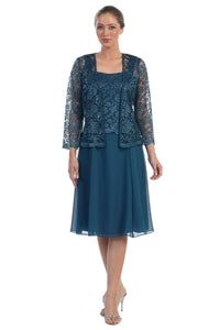 A chiffon quarter sleeve lace short mother of bride dress- SF8485 - Teal - LA Merchandise