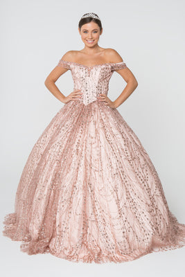 La Merchandise LAS2831 Off Shoulder Glitter Quinceanera Ball Gown - ROSEGOLD - LA Merchandise