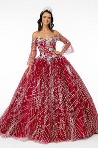 La Merchandise LAS2911 Bell Sleeve Glitter Quinceanera Dresses - BURGUNDY - LA Merchandise