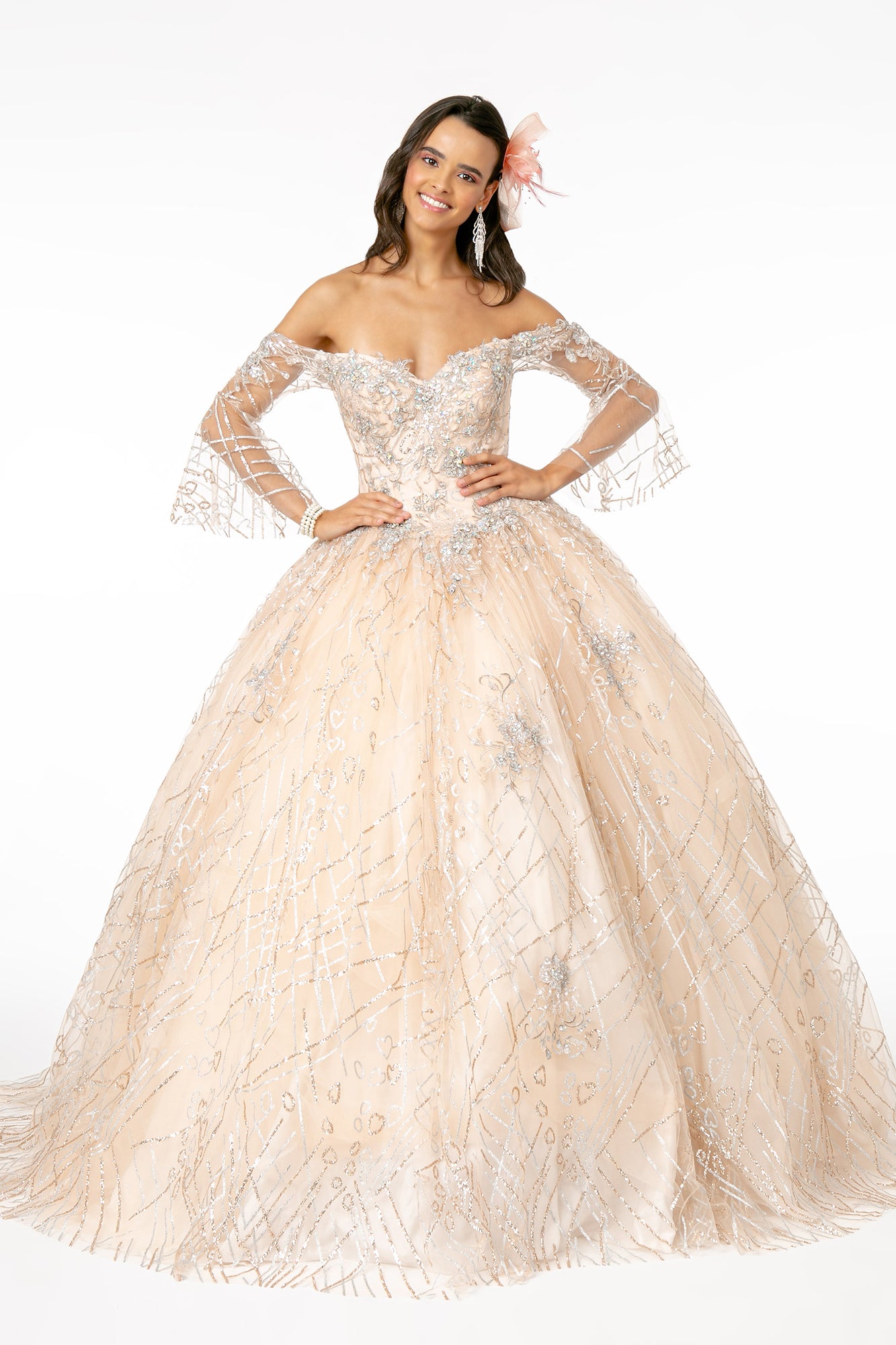 La Merchandise LAS2911 Bell Sleeve Glitter Quinceanera Dresses - CHAMPAGNE - LA Merchandise