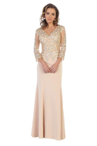 Quarter sleeve lace applique & rhinestones georgette dress- LA1505
