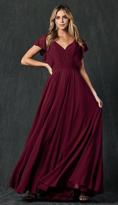 La Merchandise LAT261 Long Flowy Sleeves Chiffon Bridesmaids dress - Burgundy - LA Merchandise