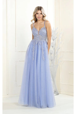 La Merchandise LA7957 Spaghetti Strap Mesh A-Line Long Prom Dress - DUSTY BLUE - LA Merchandise