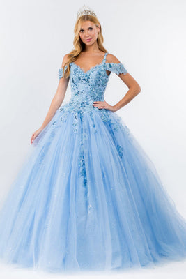 La Merchandise LAS1969 Cold Shoulder Glitter Detailed Quince Ball Gown - BABY BLUE - LA Merchandise