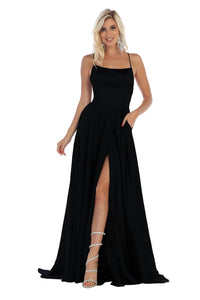 Cris cross straps full length satin dress with high front slit- LA1642 - Black - LA Merchandise