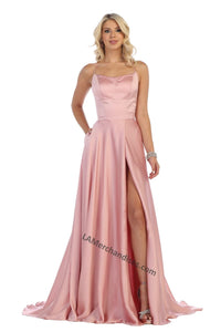 Cris cross straps full length satin dress with high front slit- LA1642 - Dusty Rose - LA Merchandise