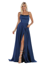 Load image into Gallery viewer, Cris cross straps full length satin dress with high front slit- LA1642 - Navy - LA Merchandise
