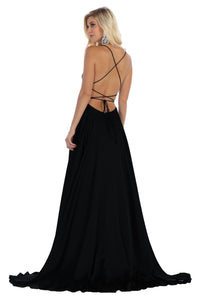 Cris cross straps full length satin dress with high front slit- LA1642 - - LA Merchandise