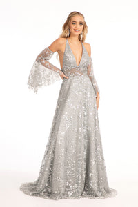 La Merchandise LAS3002 Detachable Long Sleeves Floral Formal Gown - GREY SILVER - LA Merchandise