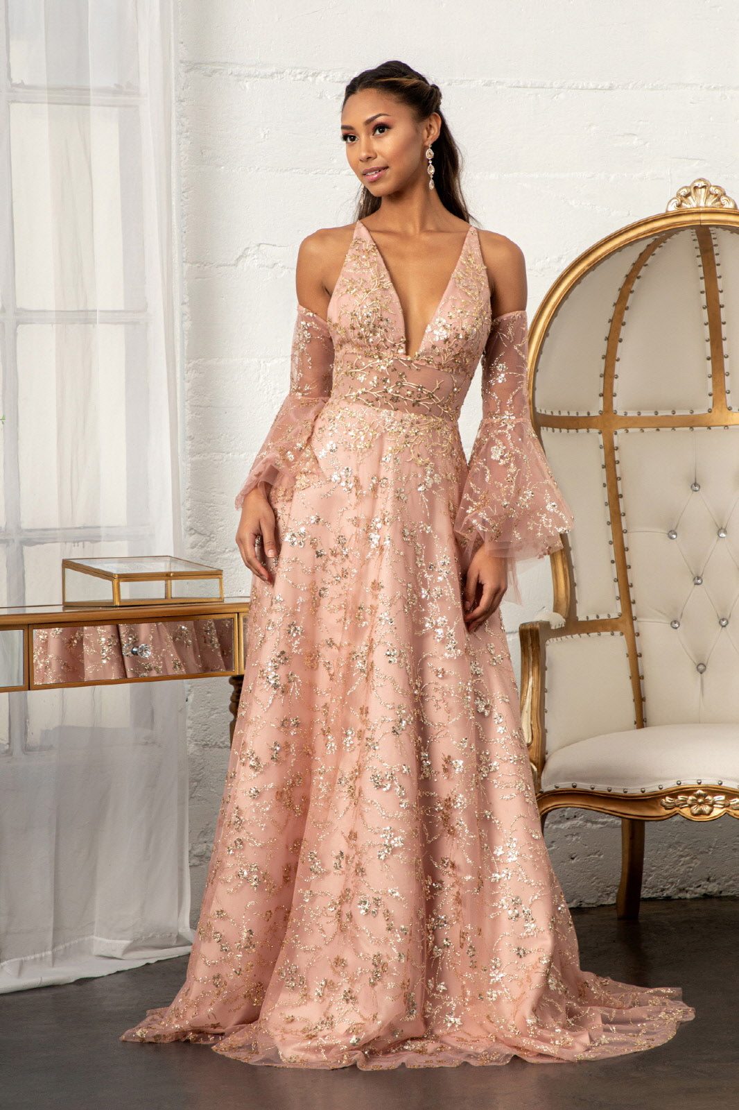 fitted lace wedding dress Modest Long Sleeve Evening Gown with Embellished Back Dusty Rose / 6